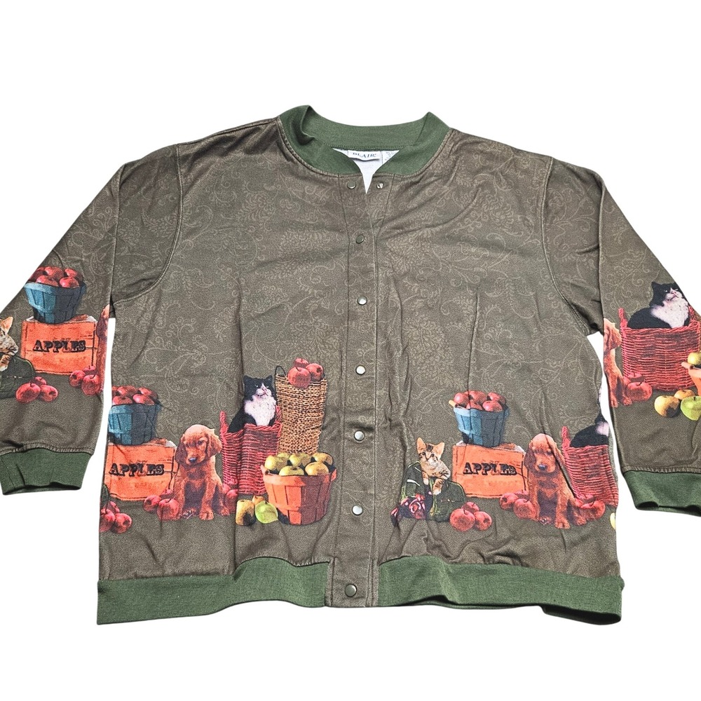 Blair Snap Bomber Jacket 2XL Green Cats Dogs Apples Vintage Grannycore Heritage